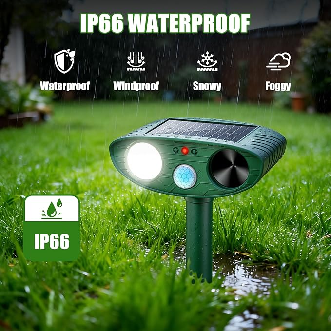 2026 Upgraded Ultrasonic Solar Animal Repellent Outdoor, Deer Repellent Devices Squirrel Cat Raccoon Rabbit Dog Deterrent with Motion Sensor Flash Light for Yard Garden Lawn