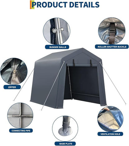 6 x 8 ft Bike Shed ATV Storage Tent Portable Storage Shed Outdoor Carport Tarp Sheds with Roll-Up Door for Motorcycle, Car, Garden Tools Grey