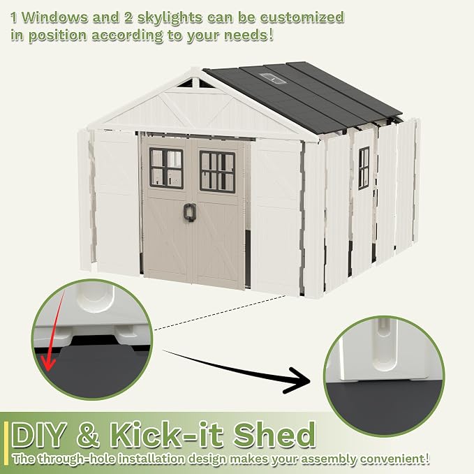 Greesum 10X8FT Plastic Outdoor Storage Shed with Floor and Lockable Door, Resin Sheds with 4-Windows and Multiple Skylights, HDPE Kick-it Shed for Garden, Patio, Backyard, Beige