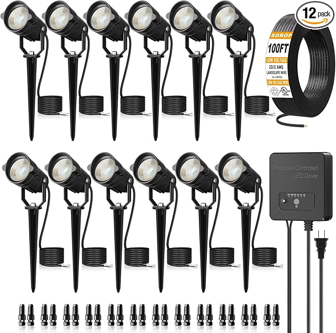 6W Landscape Lighting Kit, Low Voltage Landscape Lights with Transformer 100FT UL-Listed Wire & Connectors, 3000K Waterproof Outdoor Spot Lights for Yard House Tree 12V-24V 12Pack