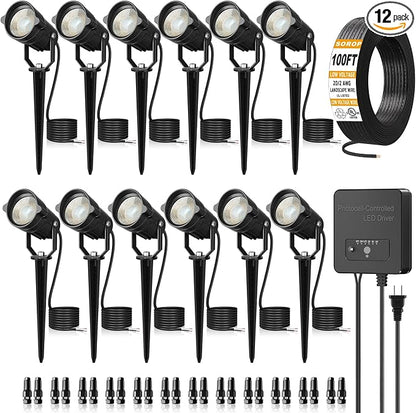 6W Landscape Lighting Kit, Low Voltage Landscape Lights with Transformer 100FT UL-Listed Wire & Connectors, 3000K Waterproof Outdoor Spot Lights for Yard House Tree 12V-24V 12Pack