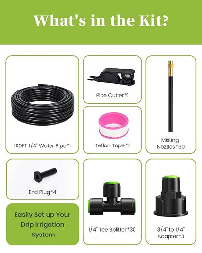 RAINPOINT 100FT Drip Irrigation System with 30pcs Adjustable Copper Nozzles | Garden watering kit with 360° adjustable atomizing sprayers for greenhouse, lawn, raised beds, flower beds, vegetable gardens