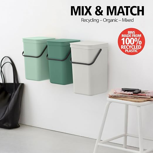 Brabantia Sort & Go Kitchen Recycling Bin | M / 6.6 Gal / 25L | Jade Green | Removable Stay-Open Lid, Carry Handle | Trash Can for Bottles, Cans, Paper, Glass | Wall-Mounting Bracket Sold Separately