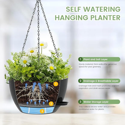3 Pack 10 Hanging Flower Pots with Chains Self Watering Plastic Planters for Indoor Outdoor Plants, Sturdy Triangular Iron Chain Design for Garden PorchPlastic Hanging Flower pots (3, Black)