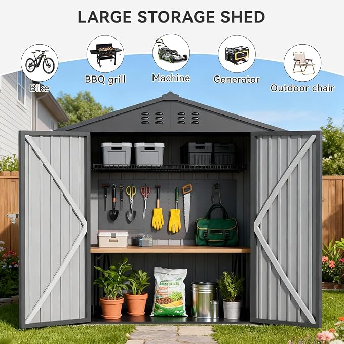 COMHOMA 6'x4' Shed Outdoor Storage Metal with Lockable Doors & Vents | Weatherproof garden utility tool house with adjustable shelving, spacious galvanized steel ventilated backyard workshop, gray