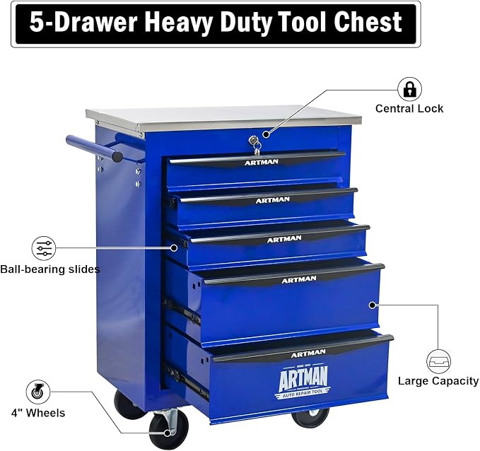 5-Drawer Rolling Tool Chest, Lockable Stainless Worktop for Garage,Blue | Heavy Duty Metal Tool Cabinet with Drawers on Wheels for Warehouse and Workshop Storage
