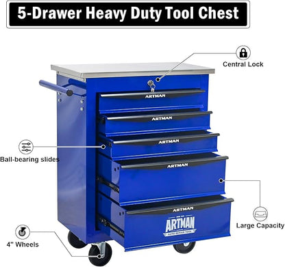 5-Drawer Rolling Tool Chest, Lockable Stainless Worktop for Garage,Blue | Heavy Duty Metal Tool Cabinet with Drawers on Wheels for Warehouse and Workshop Storage
