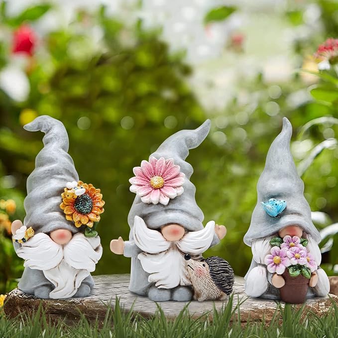 Hodao 3PCS Spring Garden Gnome Statues - Cute Resin Faceless Dwarf Figurines with Sunflower, Hedgehog & Butterfly - Outdoor Yard, Patio, Lawn, Porch & Indoor Shelves, Tiered Trays, Housewarming Gift