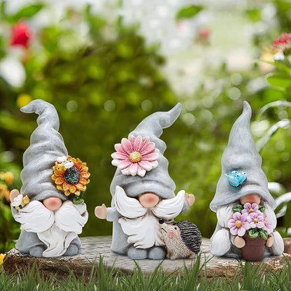 Hodao 3PCS Spring Garden Gnome Statues - Cute Resin Faceless Dwarf Figurines with Sunflower, Hedgehog & Butterfly - Outdoor Yard, Patio, Lawn, Porch & Indoor Shelves, Tiered Trays, Housewarming Gift