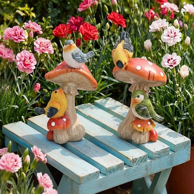 TERESA'S COLLECTIONS Garden Decor, Set of 2 Cute Birds and Mushrooms Garden Decor, Waterproof Resin Garden Statue, Birds Gift, Garden Gift for Women Mom, Indoor/Outdoor