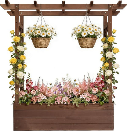 VINGLI Raised Garden Bed with Trellis & Hanging Roof, Wooden Elevated Planter Box with Drainage Holes for Outdoor Climbing Plants Vegetables Flowers, Patio Yard Balcony (Carbonized, Medium)