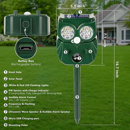 4 Pack 2026 Ultrasonic Animal Repellent Outdoor Deer Repellent Devices Solar Animal Repeller Motion Activated Deterrent to Scare Cat Squirrel Rabbit Raccoon Skunk with LED Flash Lights for Yard Lawns