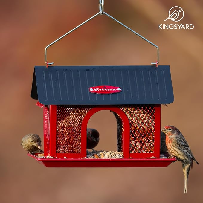 Kingsyard Wild Bird Feeder for Outdoors Hanging, All Metal | Dual-Use Mesh with 360° Feeding, Weatherproof Roof, 3 lb Seed Capacity, Garden Decor & Birding Gift, Red