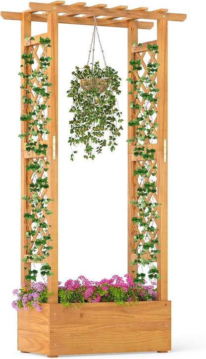 S AFSTAR Wooden Raised Garden Bed with Trellis, 60" Elevated Planter Box with Hanging Roof & Open-Ended Base for Climbing Vine Flower Herb Vegetable, Outdoor Plant Container for Patio & Yard