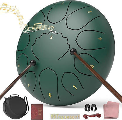 Rain Drum for Outside Garden, 8 Inches 11 Notes Steel Tongue Drum, Waterproof Meditation Rain Chime, Musical Instruments for Adult Gift with Bag, Music Book, Mallets (Green)