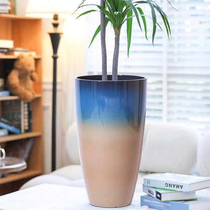 Tall Planters for Outdoor Plants, Heavy-Duty Plastic Lightweight Flower Pots Blue to Khaki Gradient Garden Pots Porch Planters Outdoor Set of 2 Gifts for Plant Lovers