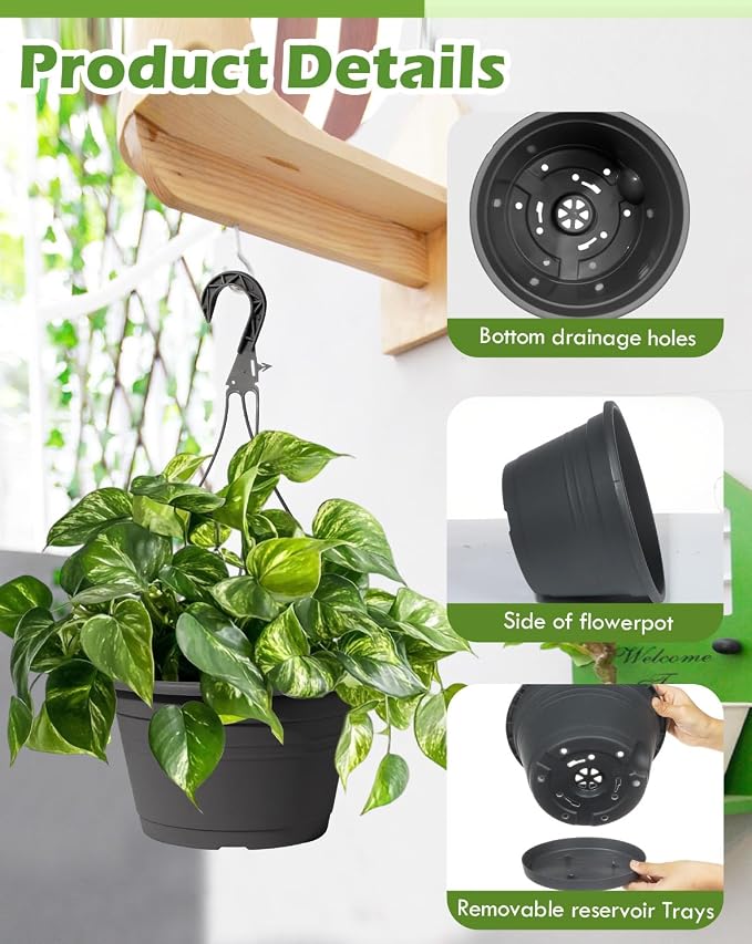 4 Pcs Hanging Planters,10" Hanging Pots Plastic Hanging Flower Plant Basket with Drainage Trays & Chain Holder for Outdoor Indoor Plants Garden Balcony Decoration, Dark Gray