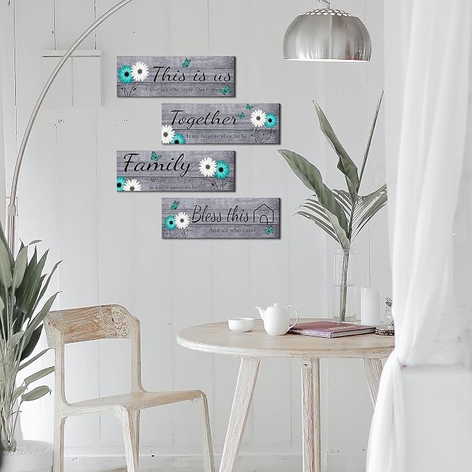 Joyhawk 4 Pcs Farmhouse Wall Decor with Teal Butterflies & Daisies, Rustic Wooden Signs Set (This is Us, Together, Family, Bless This Home), Grey Floral Wall Art for Living Room Bedroom, Housewarming Gift, 4.7" x 13.8"