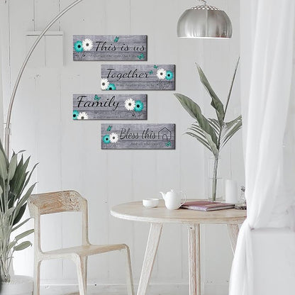 Joyhawk 4 Pcs Farmhouse Wall Decor with Teal Butterflies & Daisies, Rustic Wooden Signs Set (This is Us, Together, Family, Bless This Home), Grey Floral Wall Art for Living Room Bedroom, Housewarming Gift, 4.7" x 13.8"