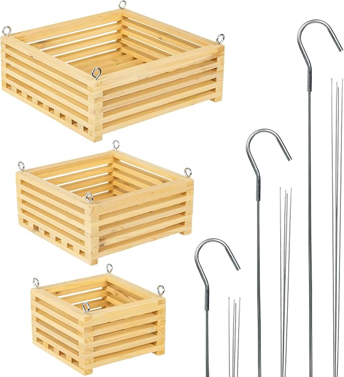 Wooden Orchid Baskets with Hangers for Ferns & Vandas, 6", 8" & 10" Square Wood Hanging Planter Set for Patio, Balcony Decor, Garden Flower Pots for Indoor Outdoor Plants, 3 Pack