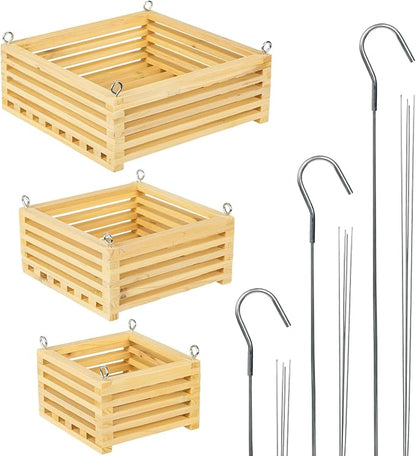 Wooden Orchid Baskets with Hangers for Ferns & Vandas, 6", 8" & 10" Square Wood Hanging Planter Set for Patio, Balcony Decor, Garden Flower Pots for Indoor Outdoor Plants, 3 Pack