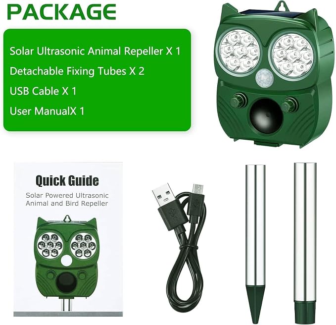 Solar Animal Repeller, Ultrasonic Repellent, Motion Detection, LED Flashing Light, Dog, Cat Repellent, Squirrel, Raccoon, Skunk, Rabbit, Rodent, Fox, Deer, etc.