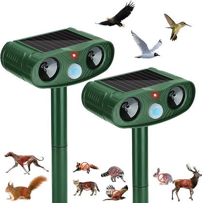Solar Ultrasonic Animal Repeller Outdoor for Deer, Cats & Squirrels, 2 Pack | Sonic Fortress Pro Deer Repellent, IP65 Motion Activated Cat Deterrent to Scare Rabbit Raccoon for Garden Yard