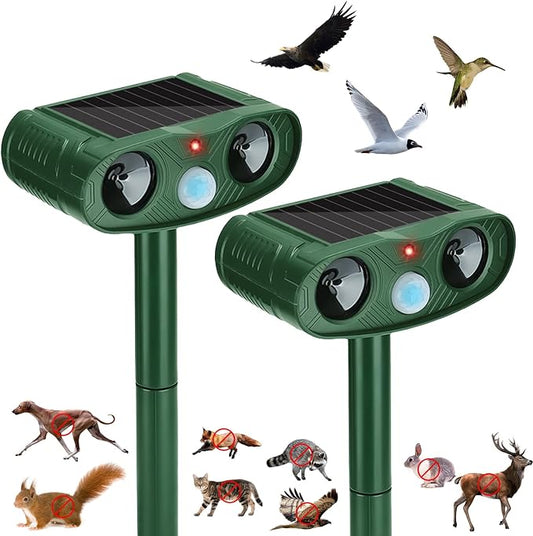 Solar Ultrasonic Animal Repeller Outdoor for Deer, Cats & Squirrels, 2 Pack | Sonic Fortress Pro Deer Repellent, IP65 Motion Activated Cat Deterrent to Scare Rabbit Raccoon for Garden Yard