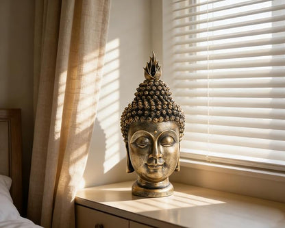 Buddha Head Statue Zen Meditation Decoration, 11 inch Resin Antique Golden Buddha Head Statue for Buddhist Spiritual Altar Decoration Buddhism Gifts