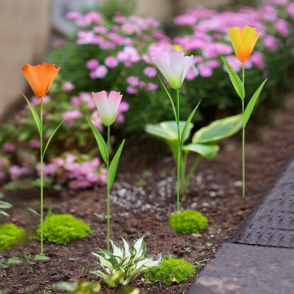 4pack Flower Garden Stake Decor, Rustic Metal Tulips Floral Stake Yard Art Ornament Outdoor Spring Decor, Garden Flowers Stick for Patio Lawn Yard Pot Decoration