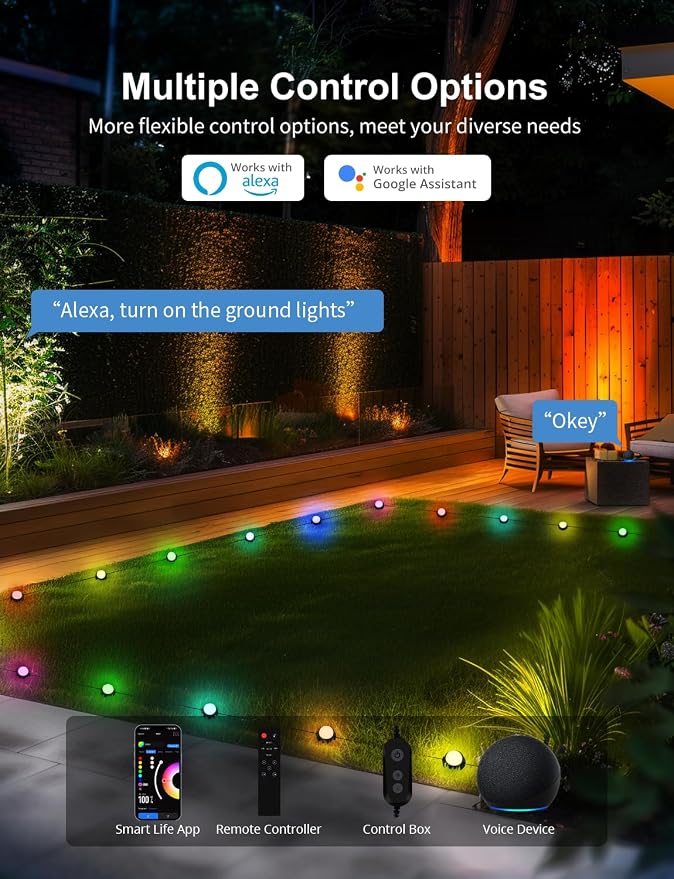 APPECK Outdoor Ground Lights 32 Pack, 100FT RGBW Pathway Lights Wired | 2200K Warm White Landscape Lighting, IP65 Waterproof, Color Changing, Garden Lawn Path, Holiday Decor, App/Remote Control