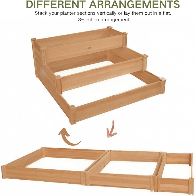 3-Tier Raised Garden Bed with Fabric Liner, Wood Elevated Planter Box with Dovetail Joint Design, 3 Dividable Bed Kit for Vegetables/Herbs/Flowers, Outdoor Gardening for Patio, Lawn, Balcony