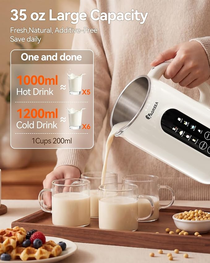 IAGREEA 10-in-1 Nut Milk Maker Machine 304 Stainless Steel Lid BPA Free, 35oz Soy Milk Maker for Homemade Milkshake, Almond, Oat, Plant-Based Drink, 10 Blades Blender with timer/Boil Water/Self Clean