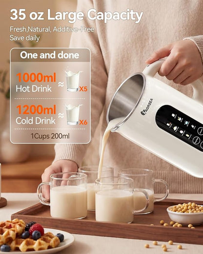IAGREEA 10-in-1 Nut Milk Maker Machine 304 Stainless Steel Lid BPA Free, 35oz Soy Milk Maker for Homemade Milkshake, Almond, Oat, Plant-Based Drink, 10 Blades Blender with timer/Boil Water/Self Clean
