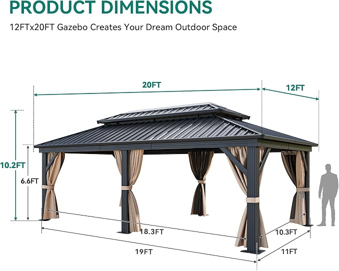 YITAHOME 12x20ft Gazebo Double Roof Hardtop Canopy Outdoor Heavy Duty w/Nettings and Curtains, Upgraded Aluminum Column Galvanized Steel Vertical Stripes Roof for Patio, Backyard, Deck, Lawns, Brown