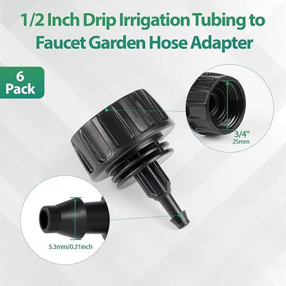 RedChili 6 Pcs 1/4 Inch Drip Irrigation Tubing to Faucet/Garden Hose Adapter, 3/4" FHT to 1/4" Drip Irrigation Fittings Female Garden Hose Water Line Connector for Irrigation System