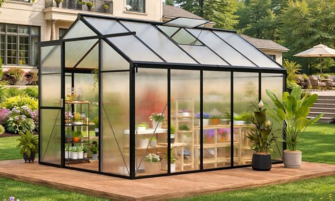 Greenhouse, 6x10 FT Greenhouse for Outdoors, Walk-in Green House with Ground Nails and Vent Windows, Sliding Lockable Door, Polycarbonate Greenhouses for Outside Garden Backyard, Quick Setup, Black