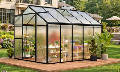 Greenhouse, 6x10 FT Greenhouse for Outdoors, Walk-in Green House with Ground Nails and Vent Windows, Sliding Lockable Door, Polycarbonate Greenhouses for Outside Garden Backyard, Quick Setup, Black