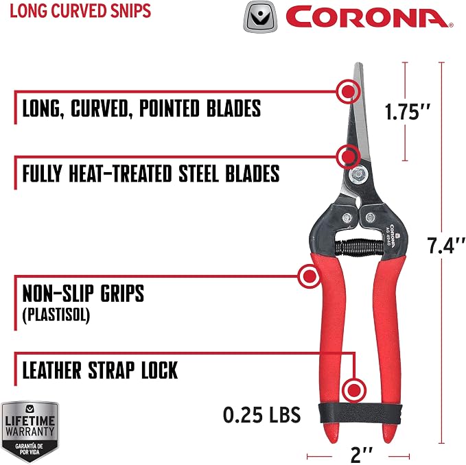 Corona Tools Long Curved Snips – 1.75″ Tempered Steel Precision Garden Shears for Fruit, Herbs, Flowers & Vineyard Use