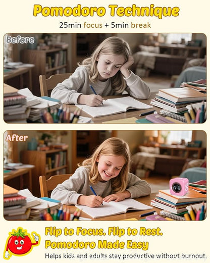 Digital Pomodoro Timer Cube 5/10/25/50min, Visual Productivity Flip Timer for Kids Classroom Desk, Custom Countdown, Silent and Sound Mode for ADHD Study Work Game Kitchen (Pink)