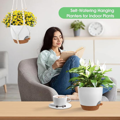 Vanslogreen Hanging Planters for Indoor Outdoor Plants, 2 Pack Self Watering Hanging Pots, Hanging Plant Baskets with Drainage Holes & 2 Types of Plant Hangers (Green, 6'')