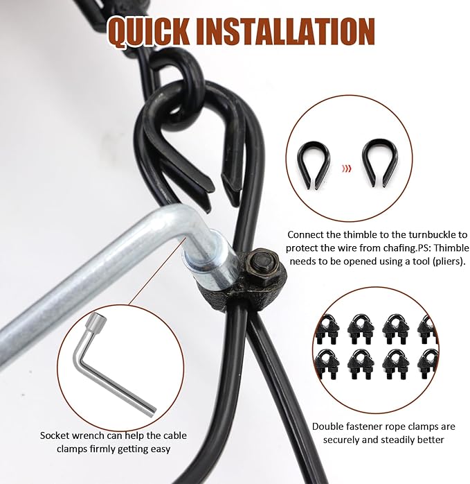 String Light Hanging Kit Outdoor, All-Black Globe String Lights Suspension Kit w/ 100FT PVC Coated Steel Cable & Enough Accessories, Guide Wire for String Light, Patio Light, Camping Light