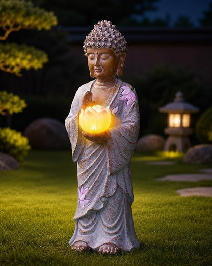 Nacome Solar Buddha Garden Statue Decor: Standing Resin Figurine with Lotus Flower Light Zen Sculpture for Patio Lawn Yard Porch Balcony Meditation Space - 11 inches(White)
