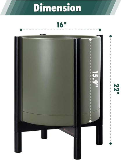 D'vine Dev Plastic Pot with Ebony Wood Stand, Olive, 16 in, 55-C-Z-3 | Mid-Century Inspired Design, Elevated Plant Display, Clean Lines, Sturdy Support, Modern Space-Saving Style