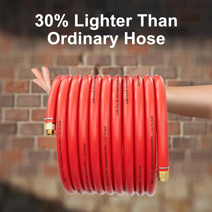SPECILITE 1" Hot/Cold Garden Water Hose 75ft, -50℉ to 190℉, High Water Flow, Flexible & Lightweight, Heavy Duty Rubber Pipe with 1" to 3/4" Brass Adapters for All-weather Outdoor Industrial Farm, Red