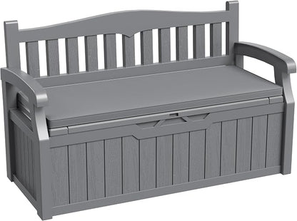 Greesum 80 Gallon Outdoor Storage Bench Deck Box with Cushion & Armrest, Lockable, Waterproof UV Resistant, Comfortable Seating for Patio, Pool, Garden, Grey