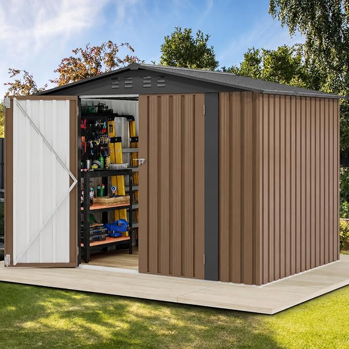 DWVO 7x5FT Outdoor Storage Shelter, Roomy Steel Tool Shed with Secure Entrances & Air Circulation for Patio, Lawn, and Backyard, Ideal for Storing Garden Gear, Lawn Tools, and Bikes, Brown