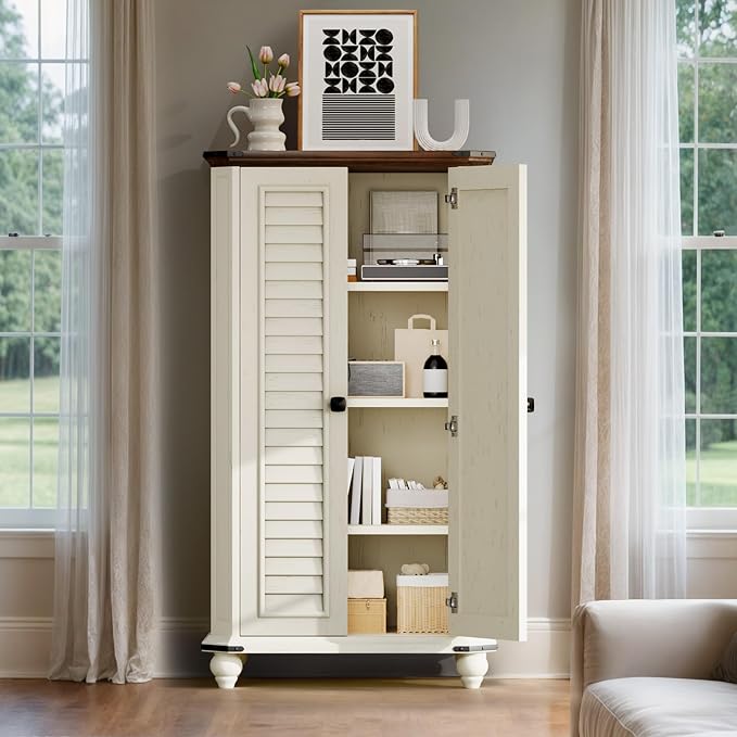 DWVO 4-Tier Storage Cabinet, 45.2" Farmhouse Kitchen Pantry Cabinet wth 2 Shutters-Doors & Adjustable Shelves, Wooden Tool Cabinet for Dining Room, Bathroom, Living Room, Laundry Room, Office, White | 4-Tier Storage Cabinet, Adjustable Shelves, Wooden ...