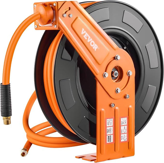 VEVOR Retractable Air Hose Reel, 1/2 IN x 50 FT Hybrid Air Hose Max 300PSI, Air Compressor Hose Reel Auto-Rewind with 5FT Lead in, Ceiling/Wall Mount Heavy Duty Single Arm Steel Reel, 1/2" NPT Fitting