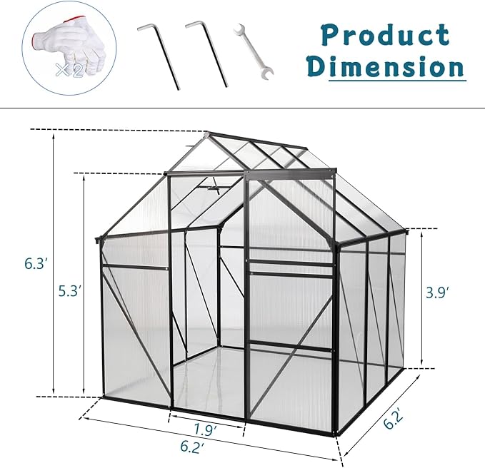 6x6 FT Greenhouse, Walk-in Polycarbonate Greenhouses with Sliding Doors, Aluminum Frame, Adjustable Roof Vent, Raised Base & Anchor, Outdoor Backyard Greenhouse for All Seasons, Black